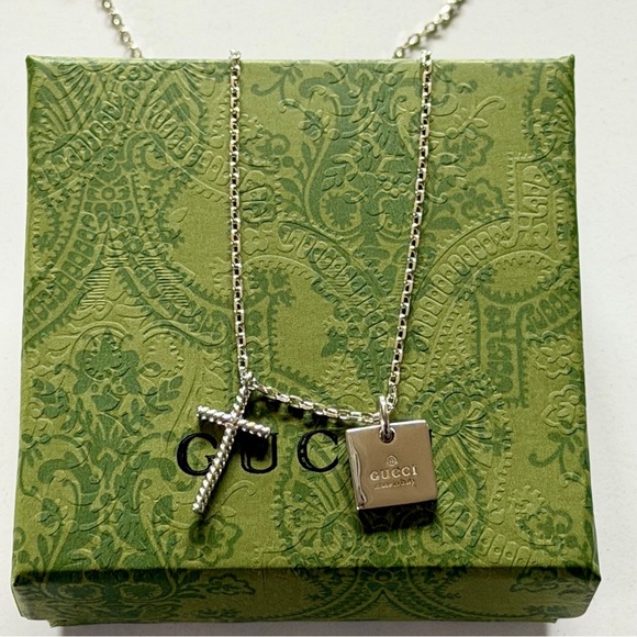 Gucci Jewelry - Gucci Sterling Silver Cross & Logo Tag Pendant Necklace - Box Included